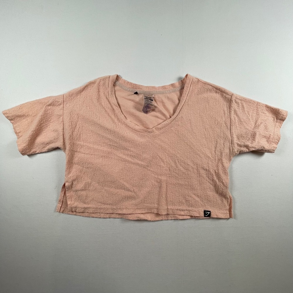 Gymshark Womens Textured Crop‎ Top Short Sleeve V Neck Shirt, Pink, Casual Flaw